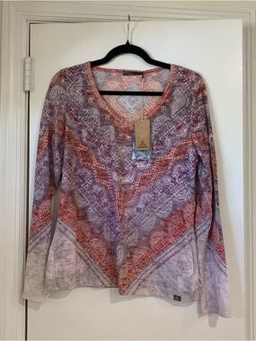 PrAna NEW Braiden Long Sleeve Top Spice mandala inspired Yoga Outdoors Size L